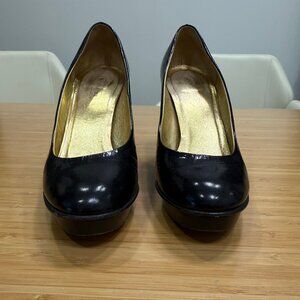 GUC Patent black Coach platform heels